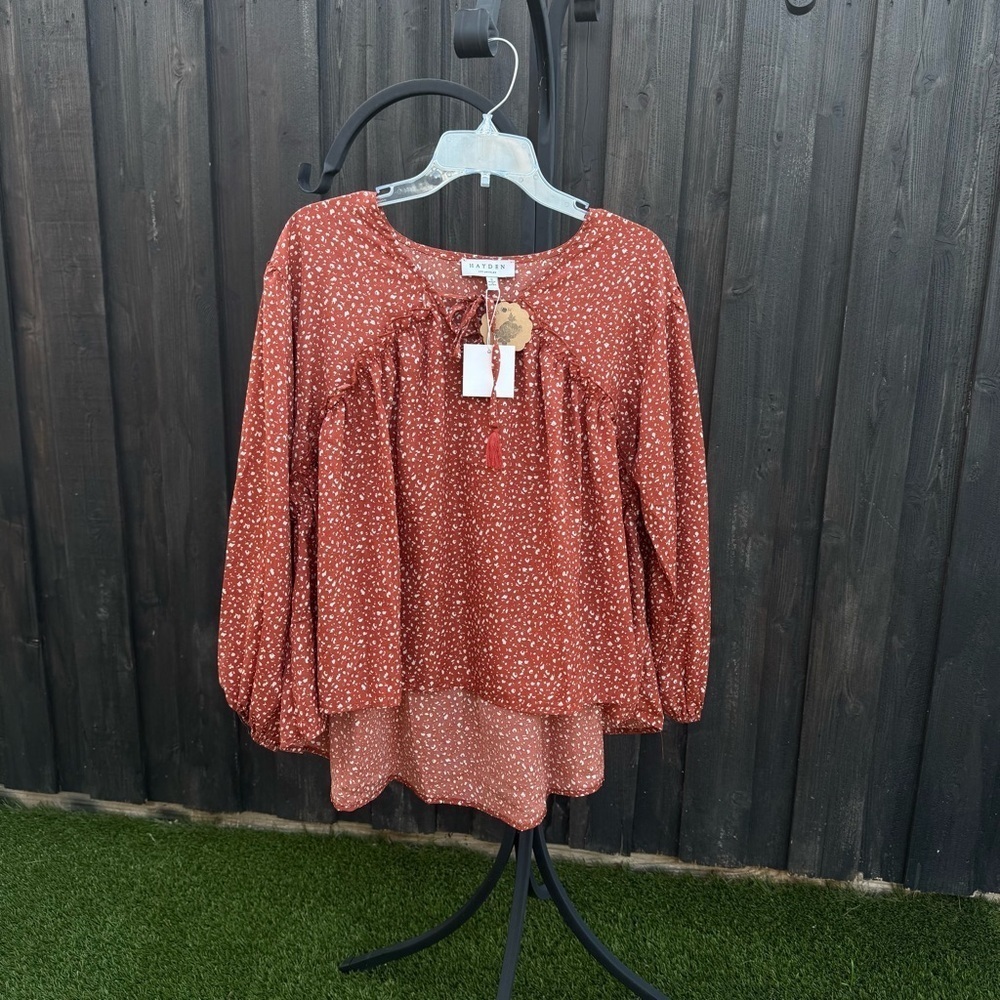 Hayden Orange Bishop Sleeve Blouse with Tie Front - Picture 8 of 14